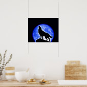 Wolf Howling Blue Full Moon Night Poster (Keuken)