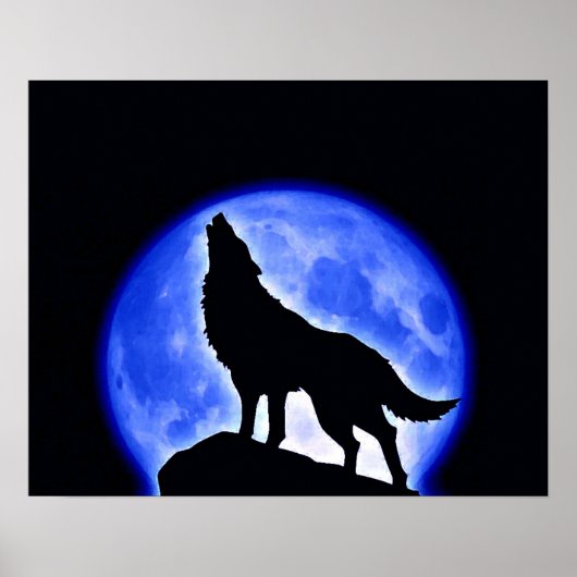 Wolf Howling Blue Full Moon Night Poster (Voorkant)