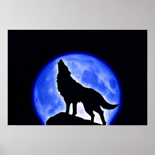 Wolf Howling Blue Full Moon Night Poster (Voorkant)