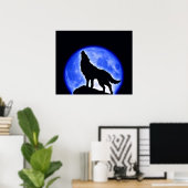 Wolf Howling Blue Full Moon Poster (Thuiskantoor)