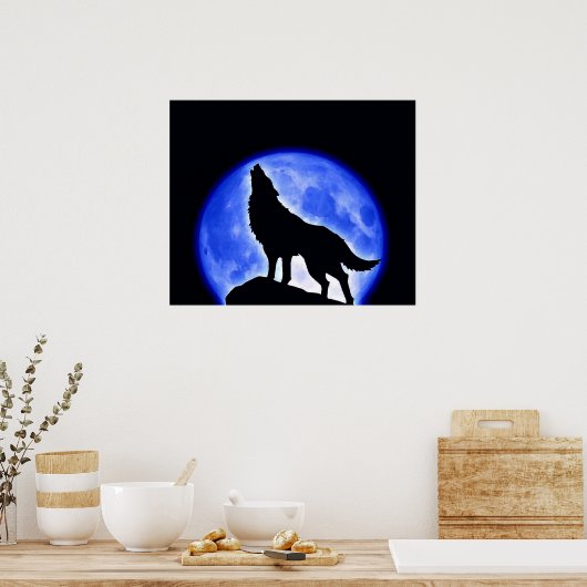 Wolf Howling Blue Full Moon Poster (Keuken)