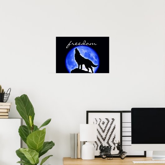 Wolf Howling Freedom Blue Moon Night Poster (Thuiskantoor)