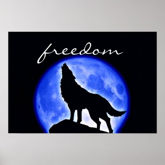 Wolf Howling Freedom Blue Moon Night Poster (Voorkant)
