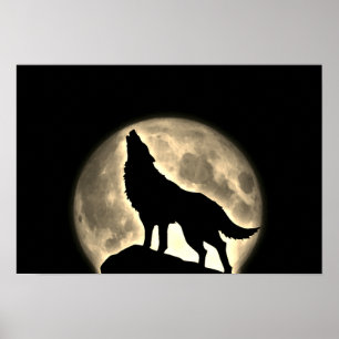 Wolf Howling Full Moon Night  Sepia Poster