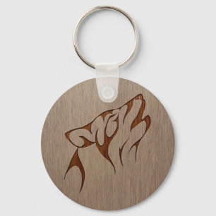 Wolf howling gegraveerd op houten design sleutelhanger