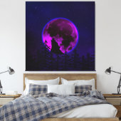 WOLF HOWLING MOON MAGENTA CANVAS AFDRUK (Insitu (Slaapkamer))
