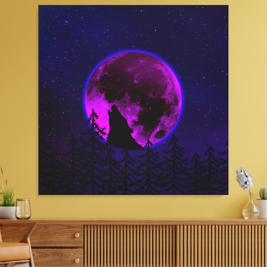 WOLF HOWLING MOON MAGENTA CANVAS AFDRUK (Insitu (Woonkamer))