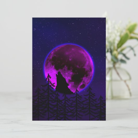 WOLF HOWLING MOON MAGENTA KAART (Staand voorkant)