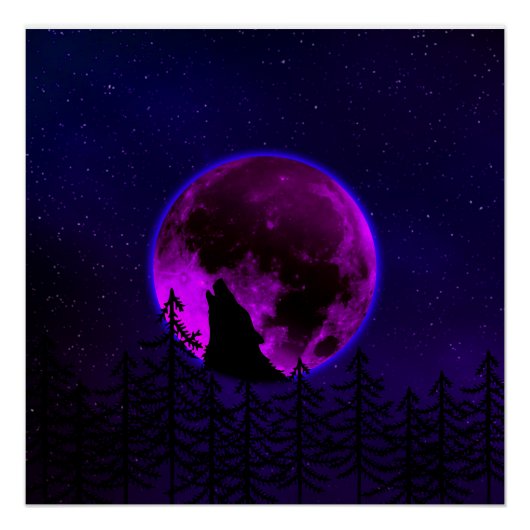 WOLF HOWLING MOON MAGENTA PERFECT POSTER (Voorkant)
