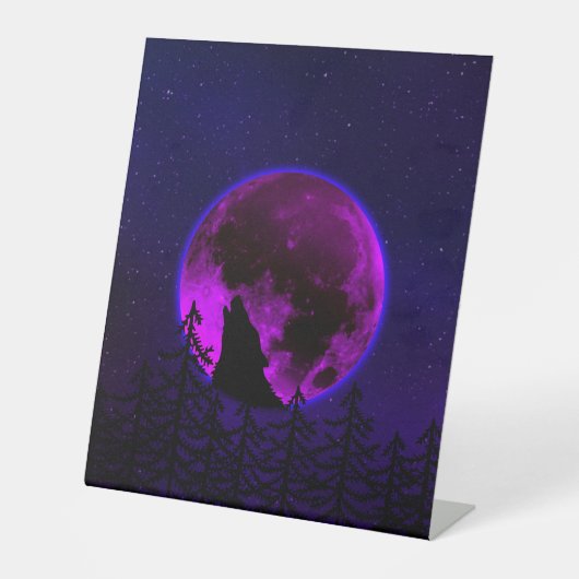 WOLF HOWLING MOON MAGENTA RECLAMEBORD MET VOETSTUK (Voorkant)