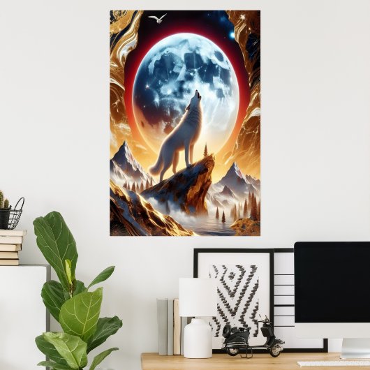 Wolf Howling op de Crimson Maan Poster (Thuiskantoor)