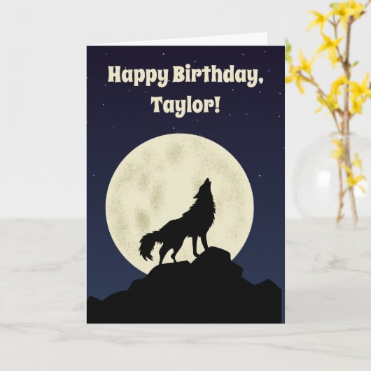 Wolf Howling op de foto van de maan Persoonlijk Kaart (Gele Bloem)