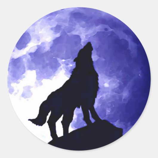 Wolf Howling op Moon Blue Night Fullmoon Ronde Sticker (Voorkant)