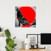 Wolf Howling op Moon Red Pop Art Poster (Thuiskantoor)