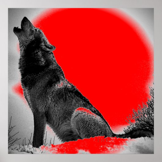 Wolf Howling op Moon Red Pop Art Poster (Voorkant)