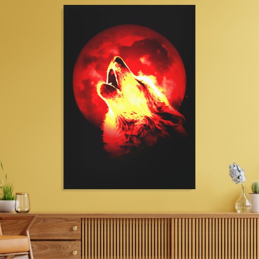 Wolf Howling & Rode Maan Verpakt Canvas (Insitu (Woonkamer))