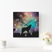 Wolf howling Silhouette en Northern Lights Clock Vierkante Klok (Huis)