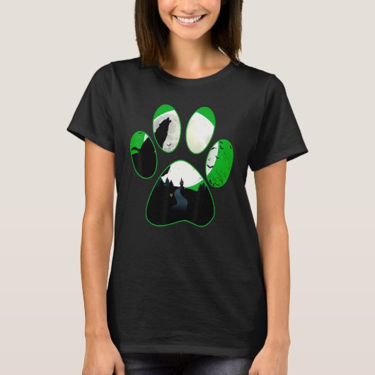Wolf Howling van Moon Green Dog Paw Halloween T-shirt (Voorkant)