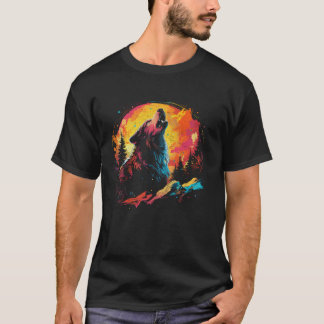 Wolf huilen bij de maan felle kleurrijke nacht Man T-shirt
