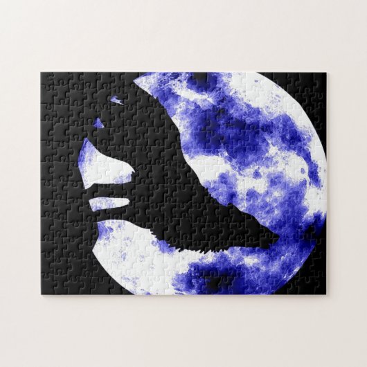 Wolf huilen bij Moon Blue Nşght Fullmoon Legpuzzel (Horizontaal)