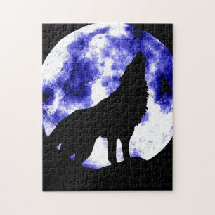 Wolf huilen bij Moon Blue Nşght Fullmoon Legpuzzel
