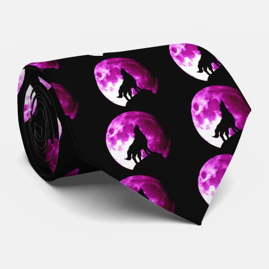 Wolf huilen bij Pink Violet Black Night Moon Stropdas (Opgerold)