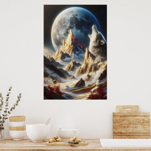 Wolf huilen onder de maan pieken poster (Keuken)