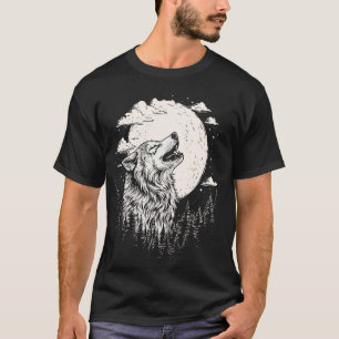 Wolf Huilende Maan Bos Retro Natuur Kampeerder T-shirt