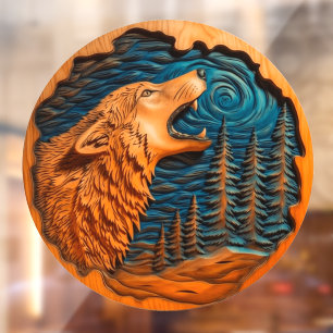 Wolf Huilende Maan Nep Houtsnijwerk Wilde Natuur 2 Raamsticker