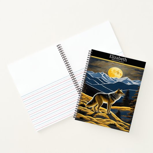 Wolf huilt bij de lichtgevende maan op een schetsb notitieboek (Binnen)