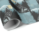 Wolf huilt bij maanpatroon cadeaupapier (Rol Hoek)