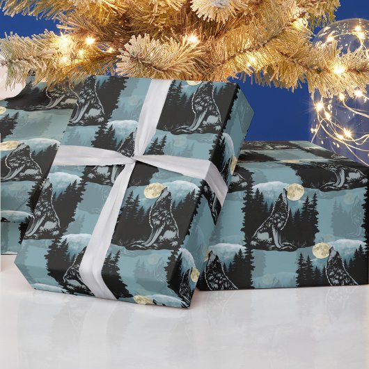 Wolf huilt bij maanpatroon cadeaupapier