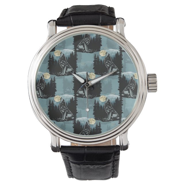 Wolf huilt bij maanpatroon horloge (Voorkant)
