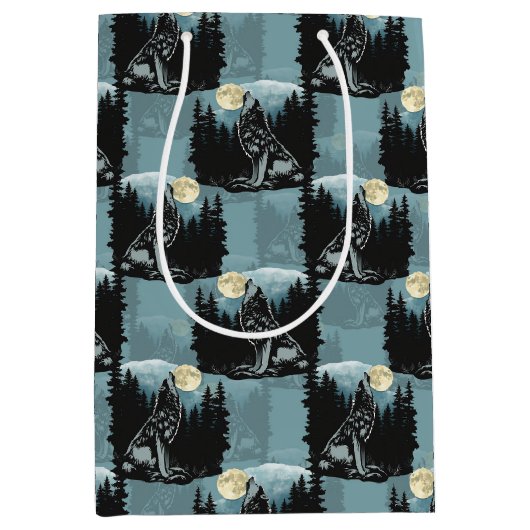 Wolf huilt bij maanpatroon medium cadeauzakje (Voorkant)