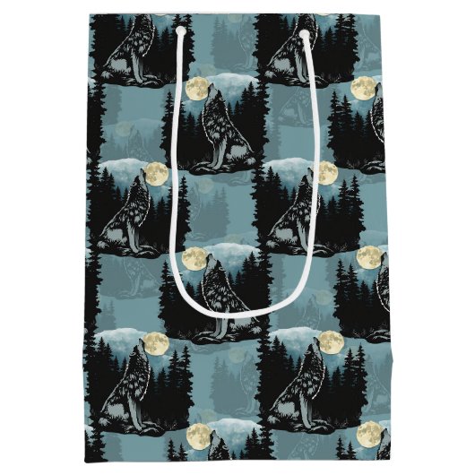 Wolf huilt bij maanpatroon medium cadeauzakje (Achterkant)
