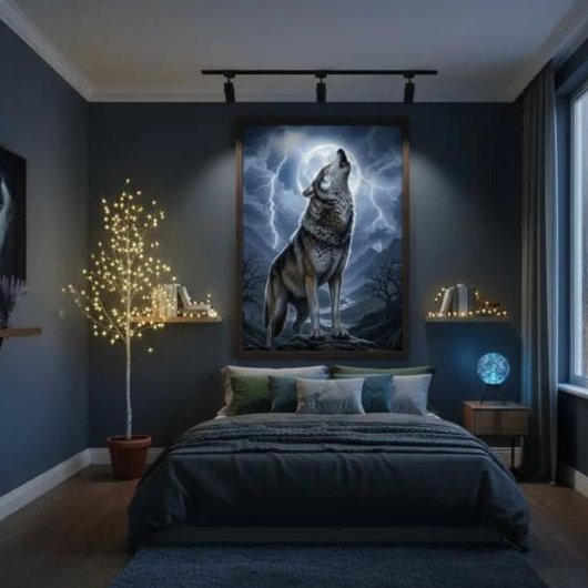 Wolf huilt bij volle maan met onweersbui poster