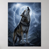 Wolf huilt bij volle maan met onweersbui poster (Voorkant)
