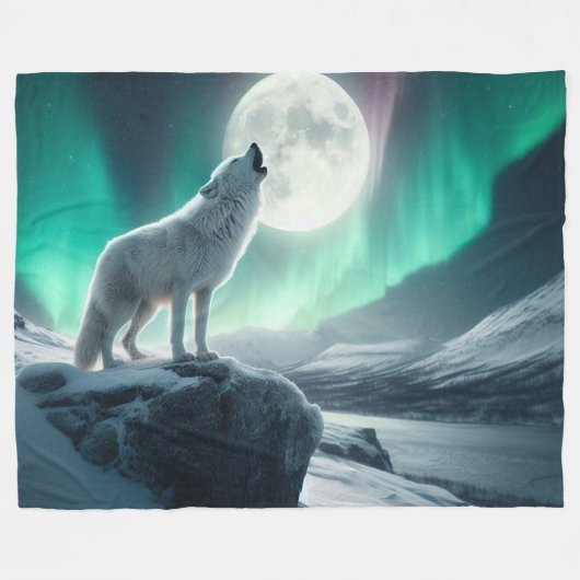 "Wolf huilt in de Aurora Lights" Fleece Deken (Voorkant (Horizontaal))