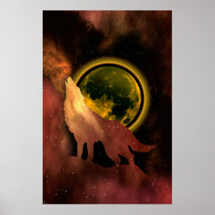 WOLF HUILT IN DE RUIMTE MAAN STERRENSTELSEL POSTER