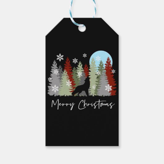 Wolf huilt in het bos vrolijke kerstbomen cadeaulabel (Voorkant)