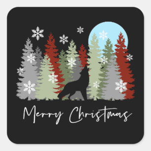 Wolf huilt in het bos vrolijke kerstbomen vierkante sticker