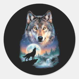 Wolf huilt naar maan onder mooie wolf ronde sticker