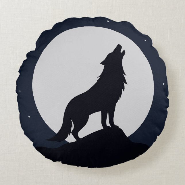Wolf Huilt naar Maan Rond Kussen (Voorkant)