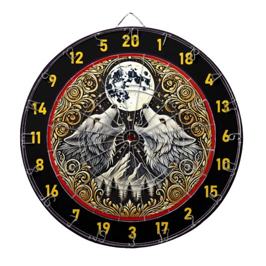 Wolf huilt onder het licht van de gouden maan dartbord (Voorkant)