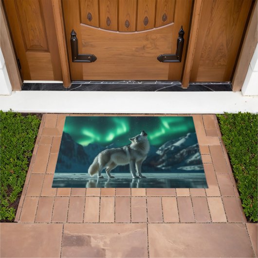 Wolf huilt onder het noorderlicht deurmat (Buiten)