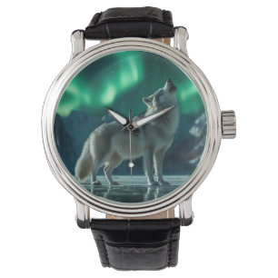 Wolf huilt onder het noorderlicht horloge