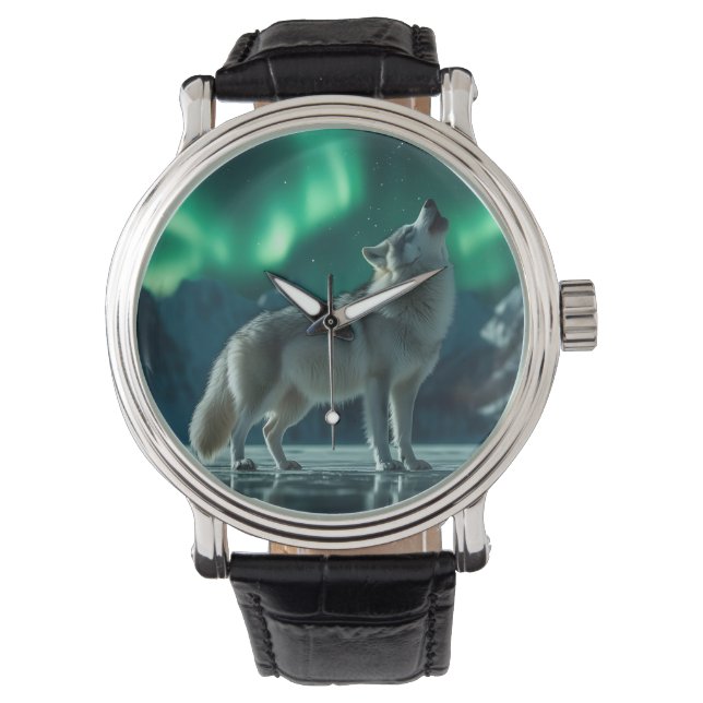 Wolf huilt onder het noorderlicht horloge (Voorkant)