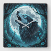 Wolf huilt op volle maan vierkante klok (Voorkant)