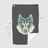 Wolf husky brak groen blauw golfhanddoek (Insitu)