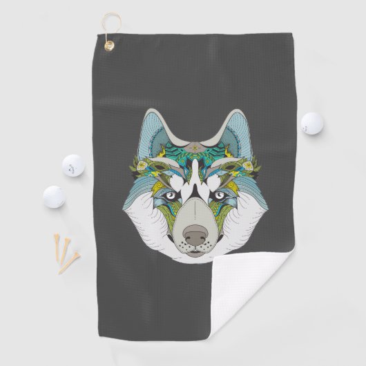 Wolf husky brak groen blauw golfhanddoek (Insitu)